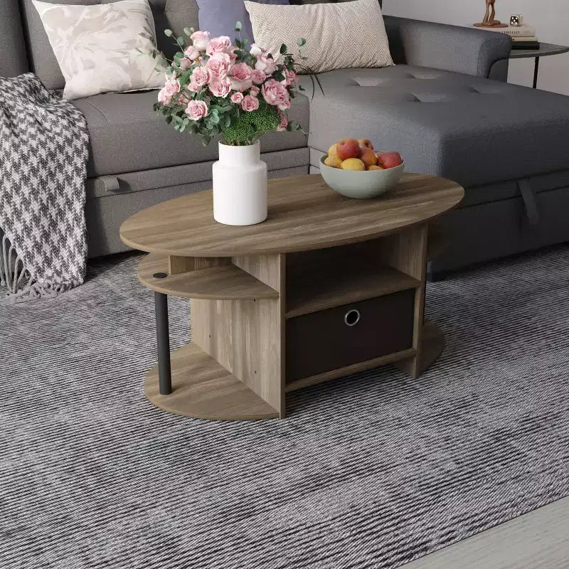 Table basse ovale moderne HOMLUX avec étagères latérales et bac de rangement en tissu pour salon
