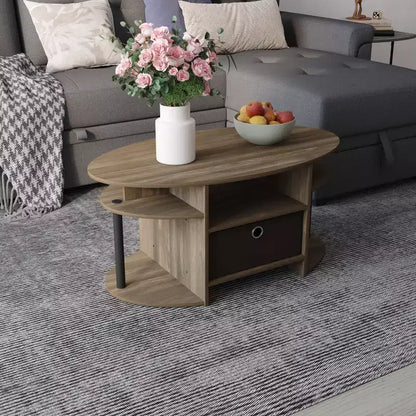 Table basse ovale moderne HOMLUX avec étagères latérales et bac de rangement en tissu pour salon
