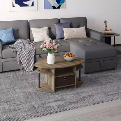 Table basse ovale moderne HOMLUX avec étagères latérales et bac de rangement en tissu pour salon
