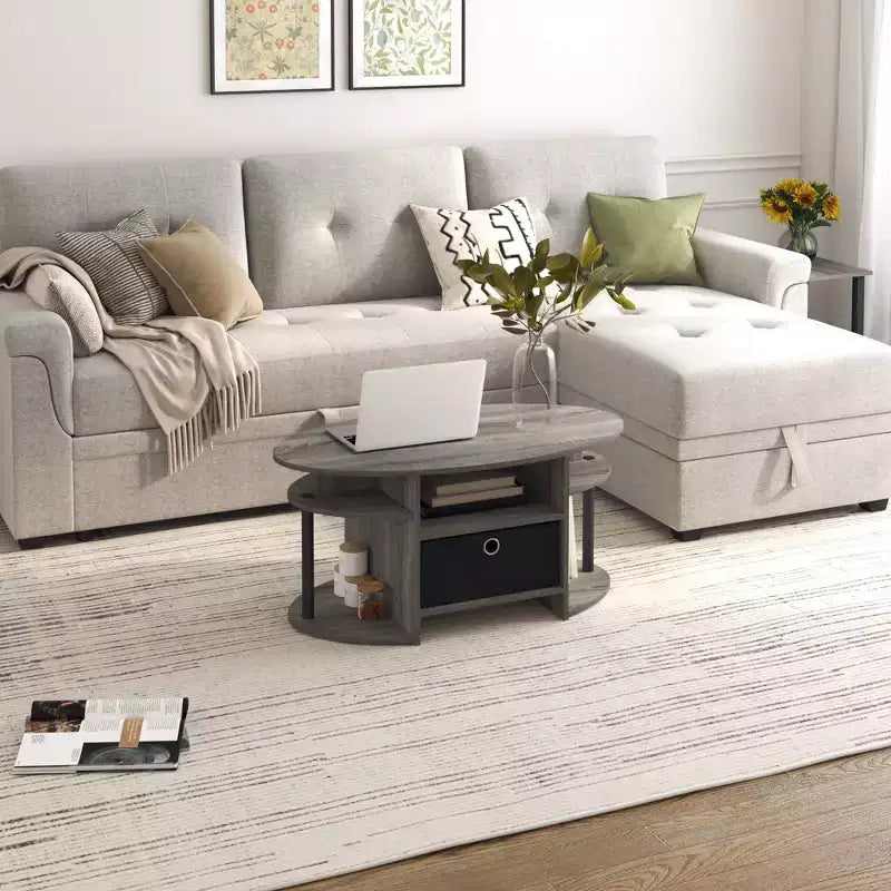 Table basse ovale moderne HOMLUX avec étagères latérales et bac de rangement en tissu pour salon