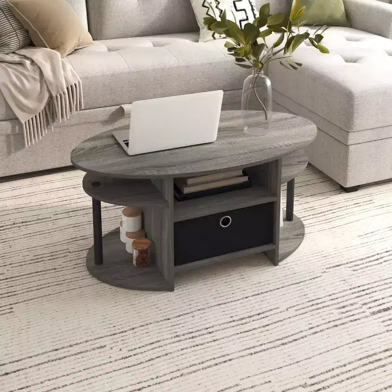 Table basse ovale moderne HOMLUX avec étagères latérales et bac de rangement en tissu pour salon