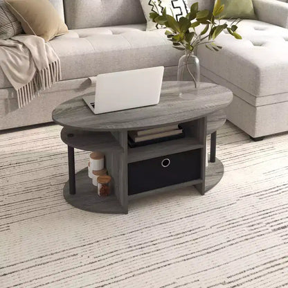 Table basse ovale moderne HOMLUX avec étagères latérales et bac de rangement en tissu pour salon