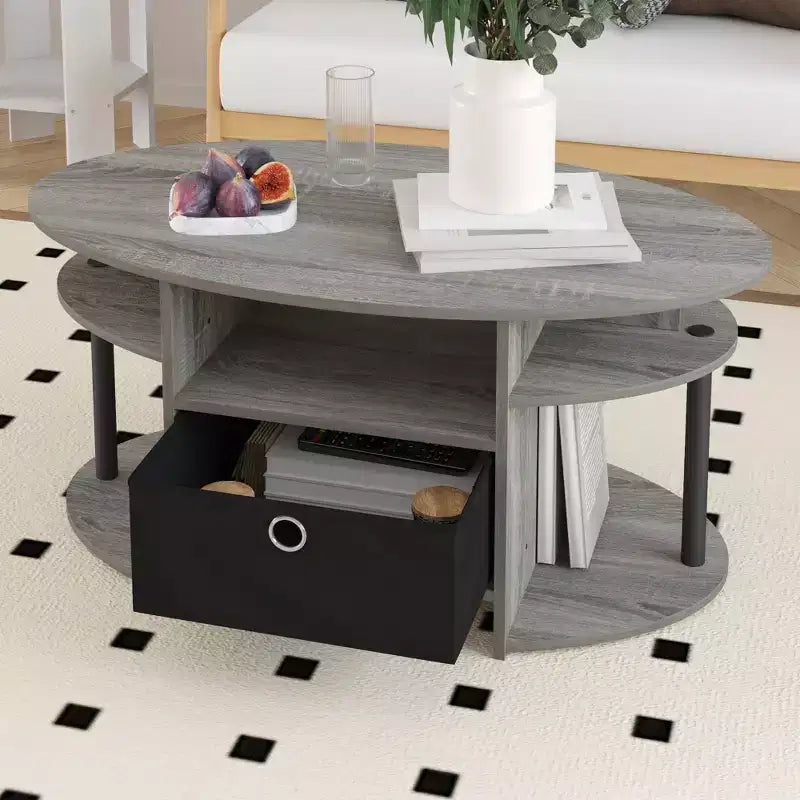 Table basse ovale moderne HOMLUX avec étagères latérales et bac de rangement en tissu pour salon