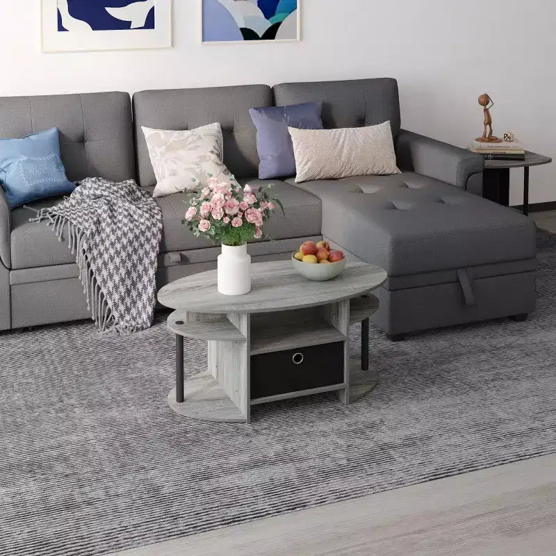 Table basse ovale moderne HOMLUX avec étagères latérales et bac de rangement en tissu pour salon