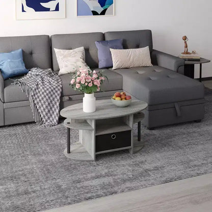 Table basse ovale moderne HOMLUX avec étagères latérales et bac de rangement en tissu pour salon