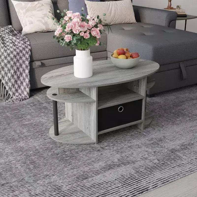 Table basse ovale moderne HOMLUX avec étagères latérales et bac de rangement en tissu pour salon