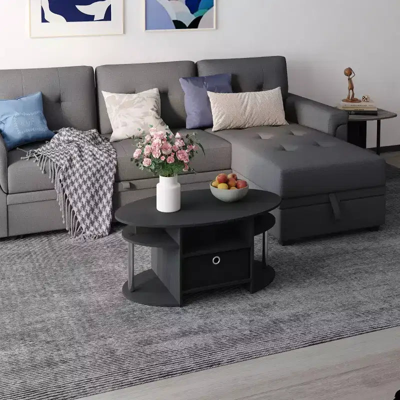Table basse ovale moderne HOMLUX avec étagères latérales et bac de rangement en tissu pour salon