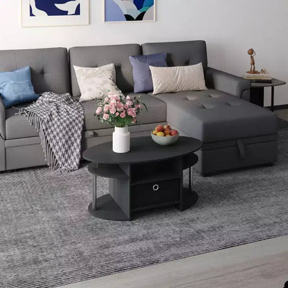 Table basse ovale moderne HOMLUX avec étagères latérales et bac de rangement en tissu pour salon