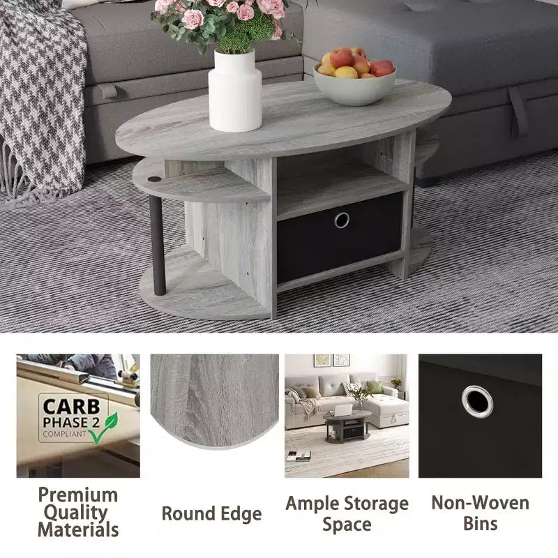 Table basse ovale moderne HOMLUX avec étagères latérales et bac de rangement en tissu pour salon