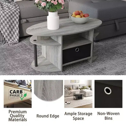 Table basse ovale moderne HOMLUX avec étagères latérales et bac de rangement en tissu pour salon