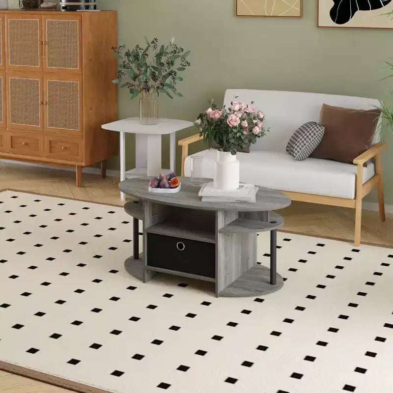 Table basse ovale moderne HOMLUX avec étagères latérales et bac de rangement en tissu pour salon