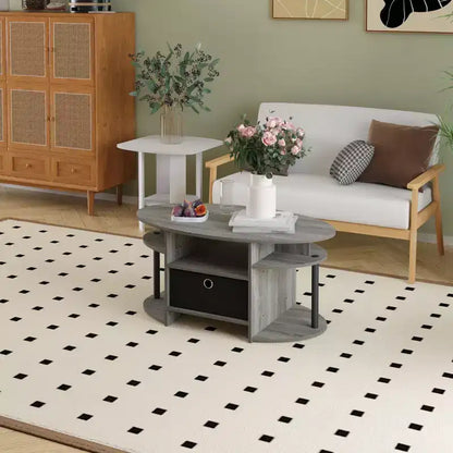 Table basse ovale moderne HOMLUX avec étagères latérales et bac de rangement en tissu pour salon