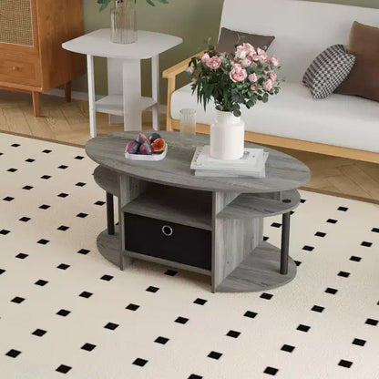 Table basse ovale moderne HOMLUX avec étagères latérales et bac de rangement en tissu pour salon