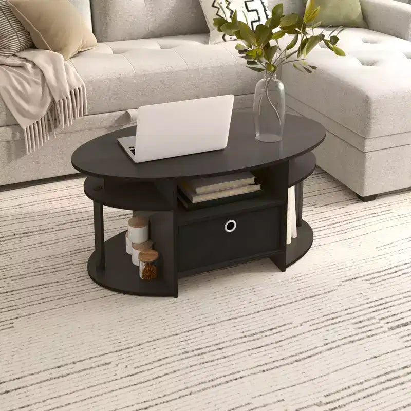 Table basse ovale moderne HOMLUX avec étagères latérales et bac de rangement en tissu pour salon