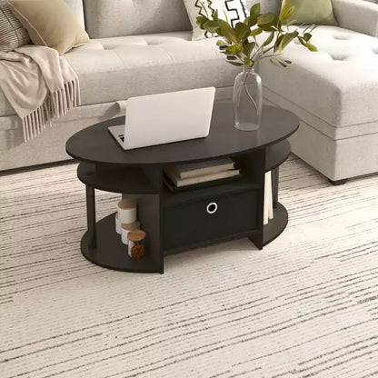 Table basse ovale moderne HOMLUX avec étagères latérales et bac de rangement en tissu pour salon