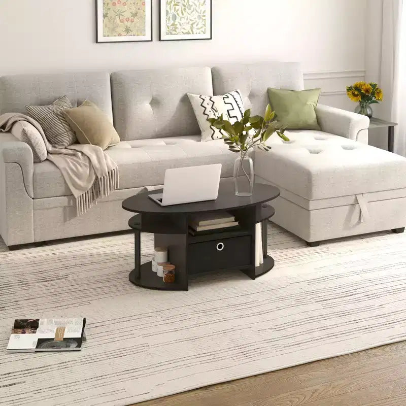 Table basse ovale moderne HOMLUX avec étagères latérales et bac de rangement en tissu pour salon