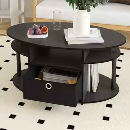 Table basse ovale moderne HOMLUX avec étagères latérales et bac de rangement en tissu pour salon