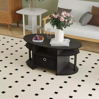 Table basse ovale moderne HOMLUX avec étagères latérales et bac de rangement en tissu pour salon