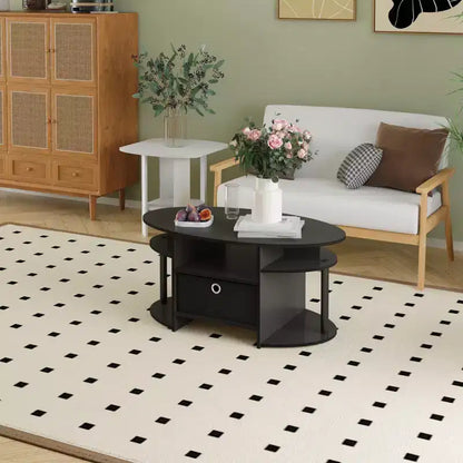 Table basse ovale moderne HOMLUX avec étagères latérales et bac de rangement en tissu pour salon