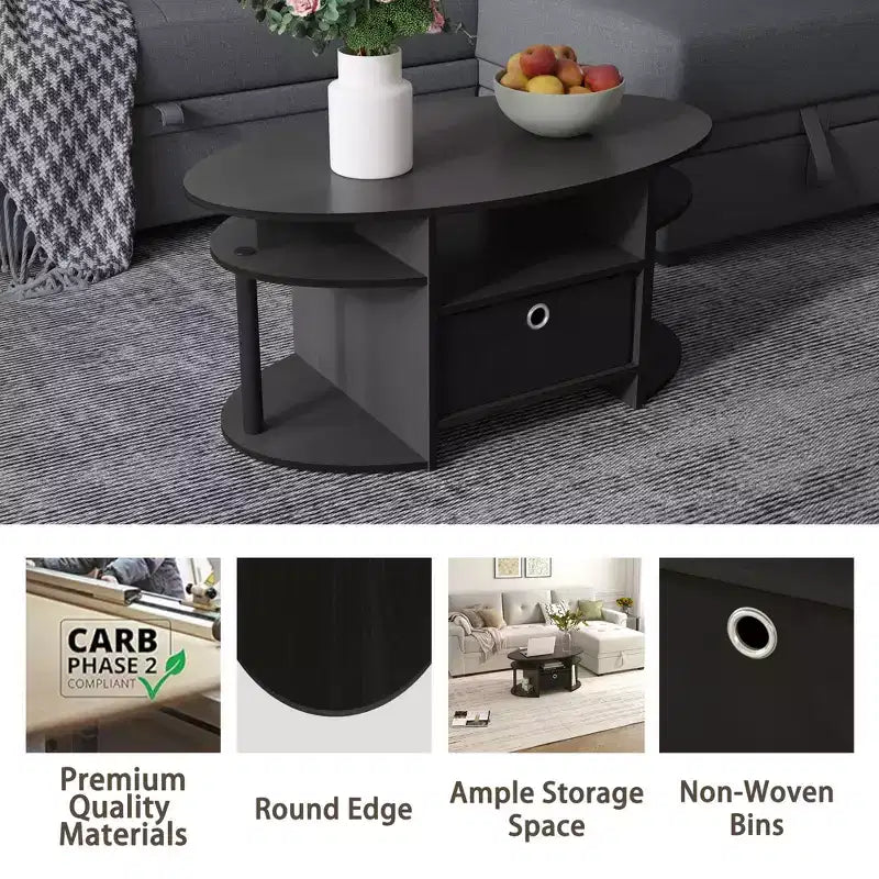 Table basse ovale moderne HOMLUX avec étagères latérales et bac de rangement en tissu pour salon