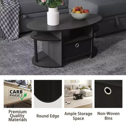 Table basse ovale moderne HOMLUX avec étagères latérales et bac de rangement en tissu pour salon