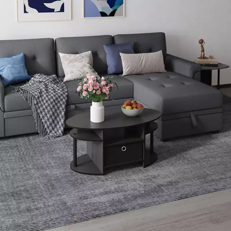 Table basse ovale moderne HOMLUX avec étagères latérales et bac de rangement en tissu pour salon