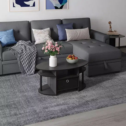 Table basse ovale moderne HOMLUX avec étagères latérales et bac de rangement en tissu pour salon