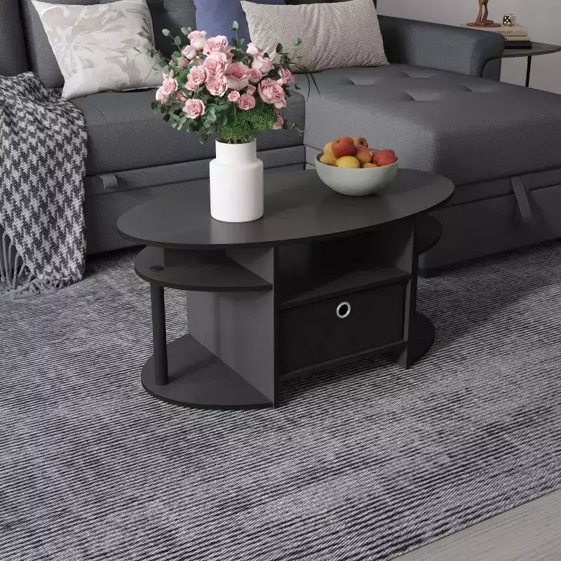 Table basse ovale moderne HOMLUX avec étagères latérales et bac de rangement en tissu pour salon