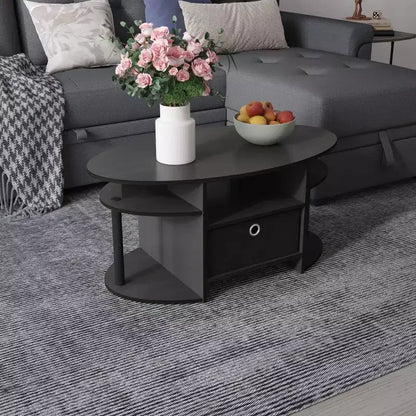 Table basse ovale moderne HOMLUX avec étagères latérales et bac de rangement en tissu pour salon