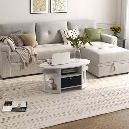 Table basse ovale moderne HOMLUX avec étagères latérales et bac de rangement en tissu pour salon