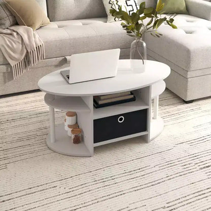 Table basse ovale moderne HOMLUX avec étagères latérales et bac de rangement en tissu pour salon