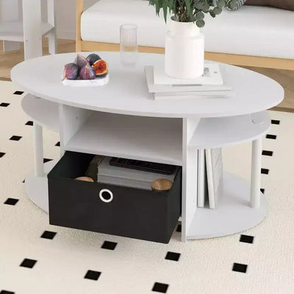 Table basse ovale moderne HOMLUX avec étagères latérales et bac de rangement en tissu pour salon
