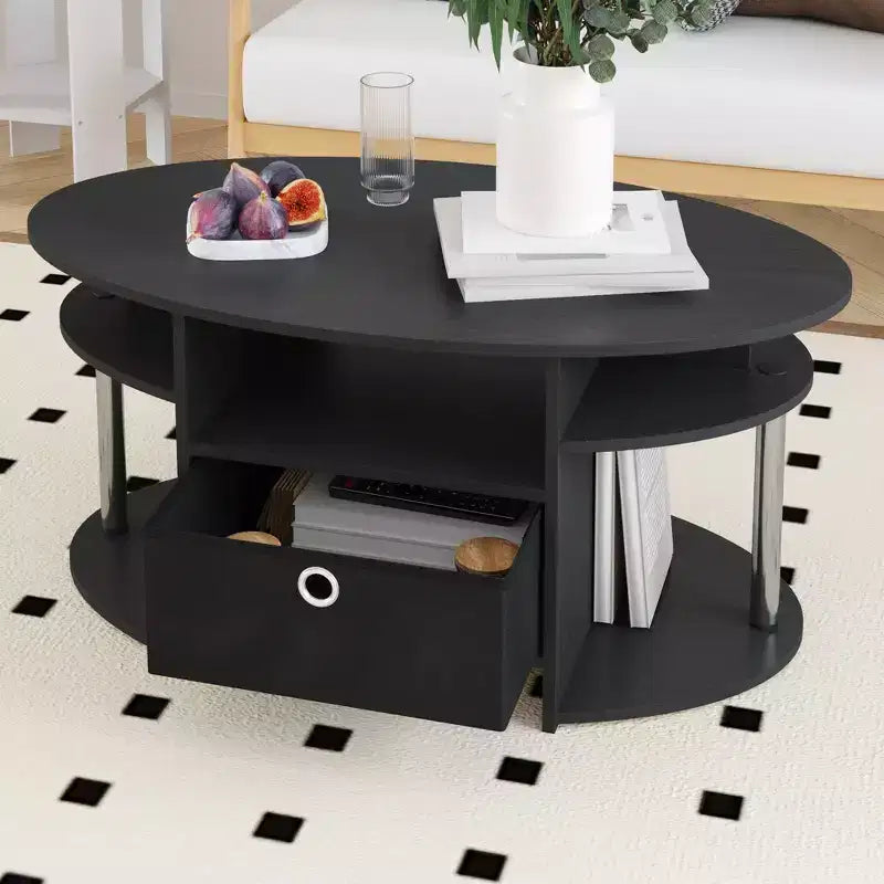 Table basse ovale moderne HOMLUX avec étagères latérales et bac de rangement en tissu pour salon