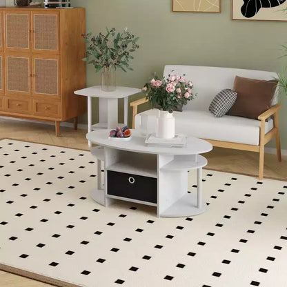 Table basse ovale moderne HOMLUX avec étagères latérales et bac de rangement en tissu pour salon