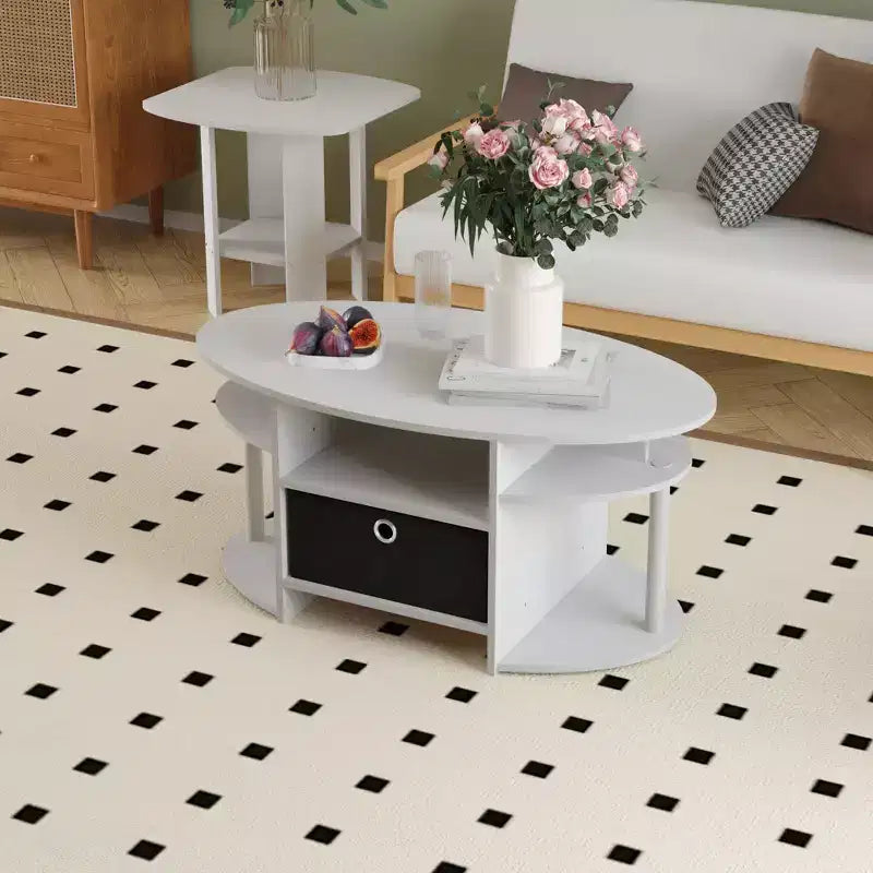 Table basse ovale moderne HOMLUX avec étagères latérales et bac de rangement en tissu pour salon