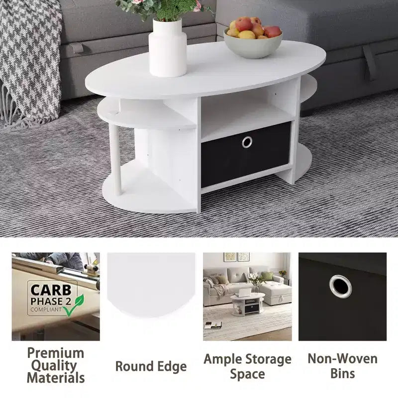 Table basse ovale moderne HOMLUX avec étagères latérales et bac de rangement en tissu pour salon