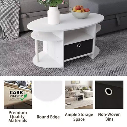 Table basse ovale moderne HOMLUX avec étagères latérales et bac de rangement en tissu pour salon