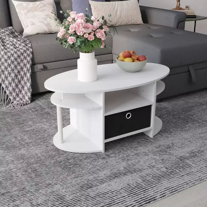 Table basse ovale moderne HOMLUX avec étagères latérales et bac de rangement en tissu pour salon