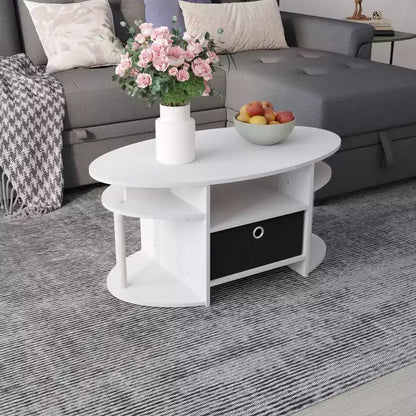 Table basse ovale moderne HOMLUX avec étagères latérales et bac de rangement en tissu pour salon