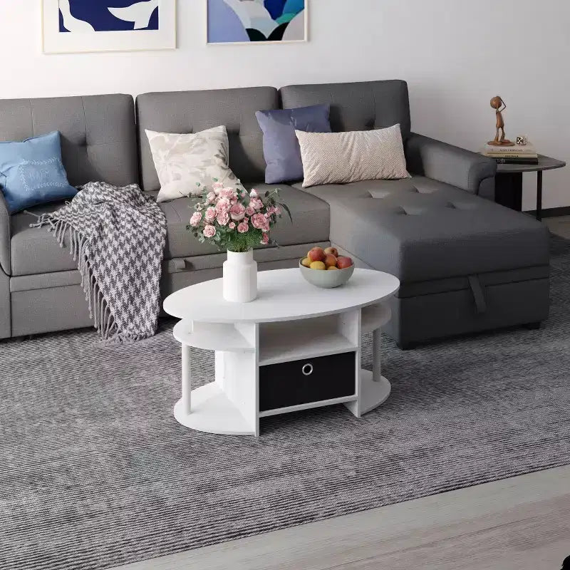 Table basse ovale moderne HOMLUX avec étagères latérales et bac de rangement en tissu pour salon