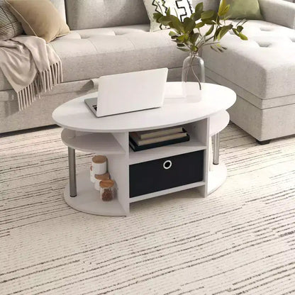 Table basse ovale moderne HOMLUX avec étagères latérales et bac de rangement en tissu pour salon
