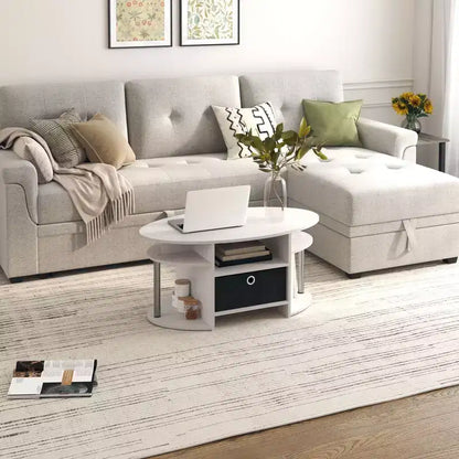 Table basse ovale moderne HOMLUX avec étagères latérales et bac de rangement en tissu pour salon