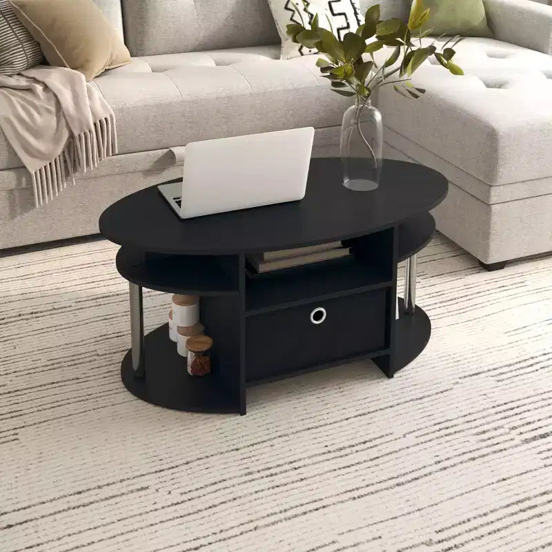Table basse ovale moderne HOMLUX avec étagères latérales et bac de rangement en tissu pour salon