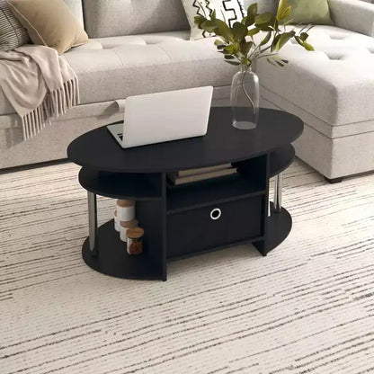 Table basse ovale moderne HOMLUX avec étagères latérales et bac de rangement en tissu pour salon
