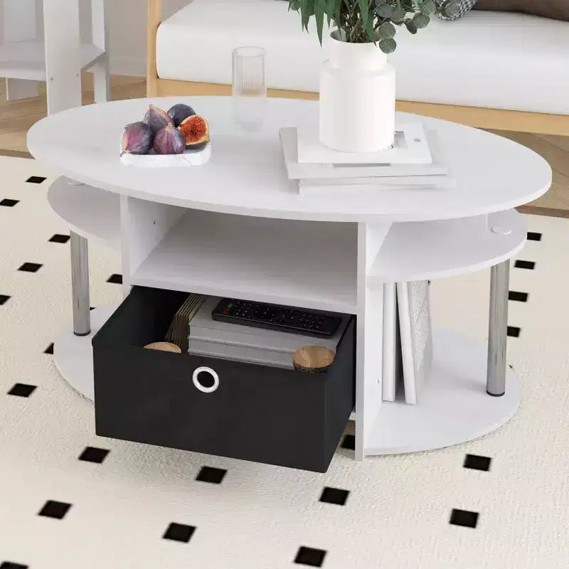Table basse ovale moderne HOMLUX avec étagères latérales et bac de rangement en tissu pour salon