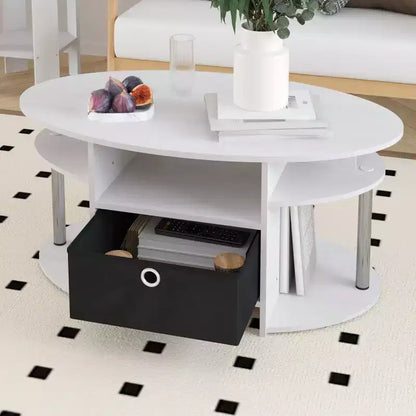 Table basse ovale moderne HOMLUX avec étagères latérales et bac de rangement en tissu pour salon