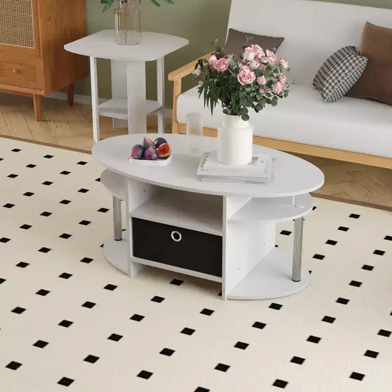 Table basse ovale moderne HOMLUX avec étagères latérales et bac de rangement en tissu pour salon