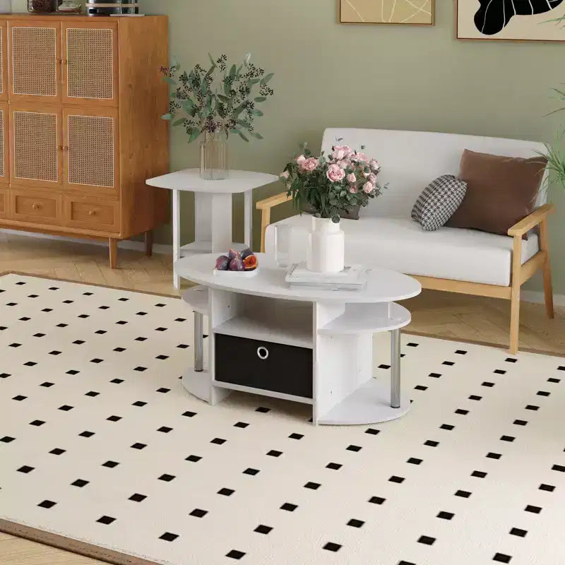 Table basse ovale moderne HOMLUX avec étagères latérales et bac de rangement en tissu pour salon