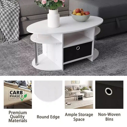 Table basse ovale moderne HOMLUX avec étagères latérales et bac de rangement en tissu pour salon