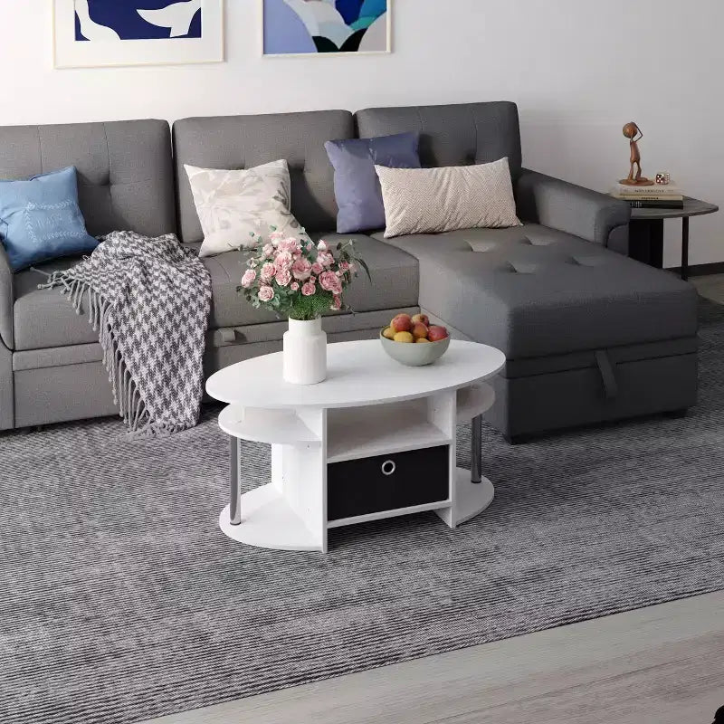 Table basse ovale moderne HOMLUX avec étagères latérales et bac de rangement en tissu pour salon
